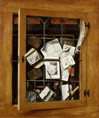 Un trampantojo de una puerta de armario acristalada abierta, con numerosos papeles y objetos, 1666 de Cornelis Norbertus Gysbrechts
